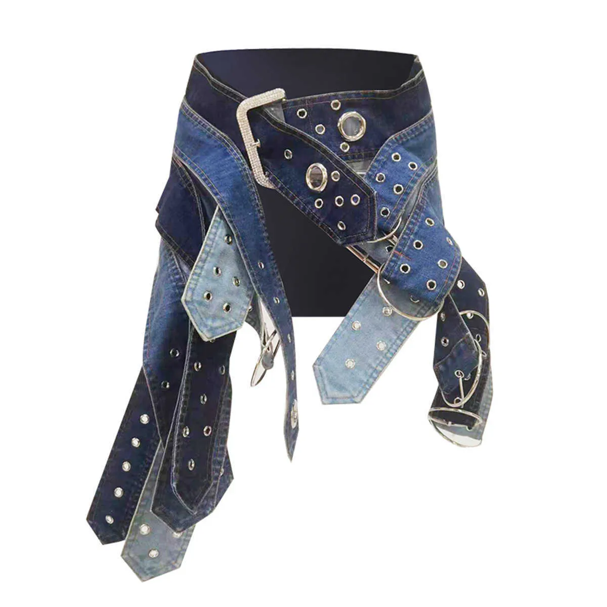 Vintage Unique Sexy Club fête décontracté coloré irrégulier Patchwork lavé Denim ceinture jupe Mini jupes courtes pour femmes