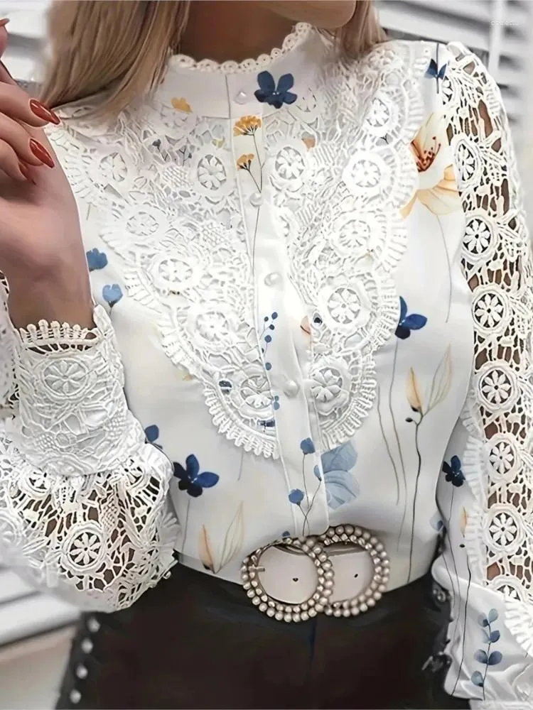 Women's Blouses Fashion Vintage White Lace Long Sleeve Woman Shirts 2024 Autumn Buttons Floral Print Tops And Womens Top Femme Shirt
