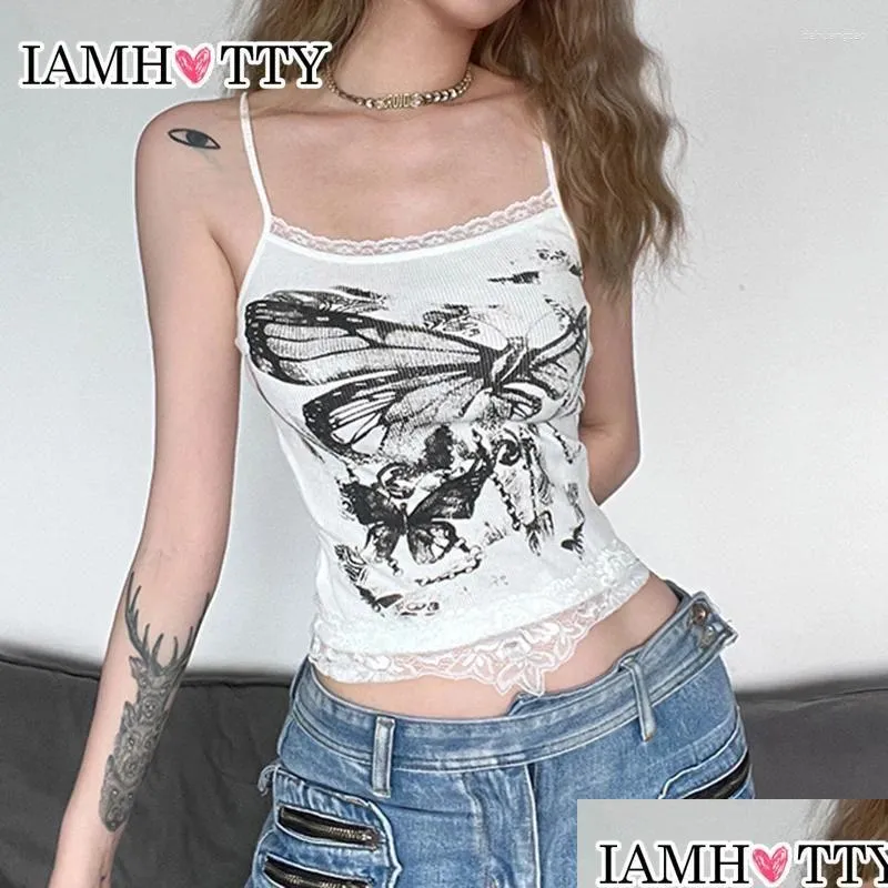 Tanques para mujer Camis Iamty Y2K 2000S Grunge Butterfly Print Crop Top Lindo encaje Patchwork Tops sin mangas Harajuku Estética Cami Casual OTP5Q