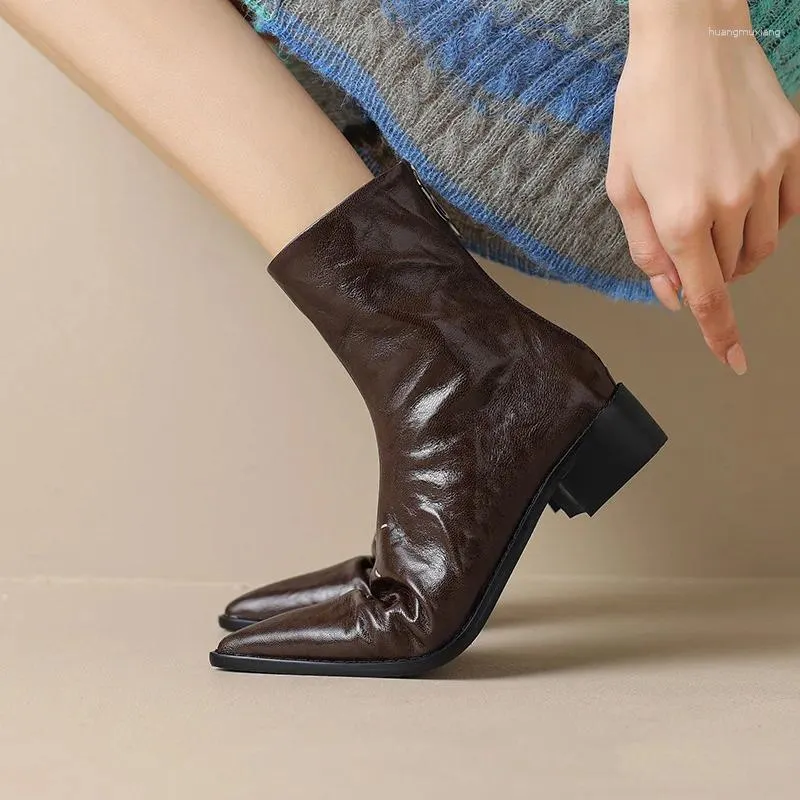 Прогулочная обувь, осенние женские ботинки, заостренные французские короткие кроссовки из натуральной кожи на толстом каблуке средней длины из овчины, уличные