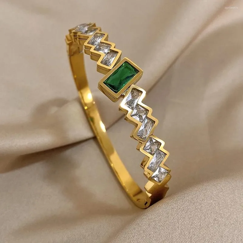 Bileklik Moda Paslanmaz Çelik Yeşil Zirkon Bangles Bilezikler Kadınlar İçin Zarif Geometrik Rhinestone Manşet Mücevher Aksesuarları