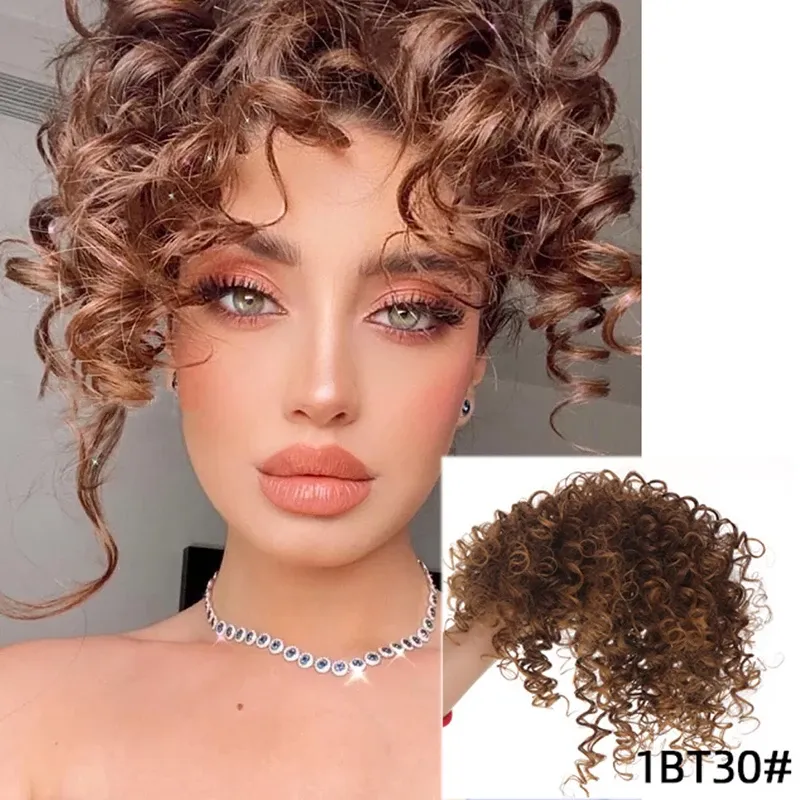 Bangs Synthetic Kinky Curly Head Top Replacement Block Short Hair Wig With Bangs Heat Resistant Realistic Replacement Piece