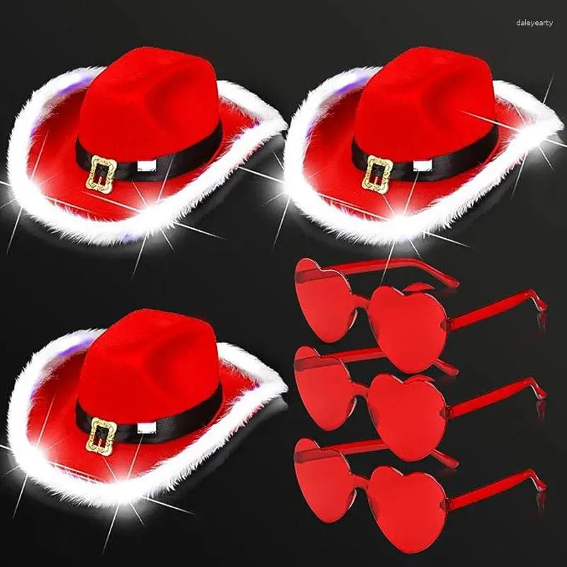 Berets Santa Claus Party Christmas Wuminous Luminous Cowboy Hat Western Red شعرت القبعات الواسعة بريم راعي الجاز للنساء الرجال