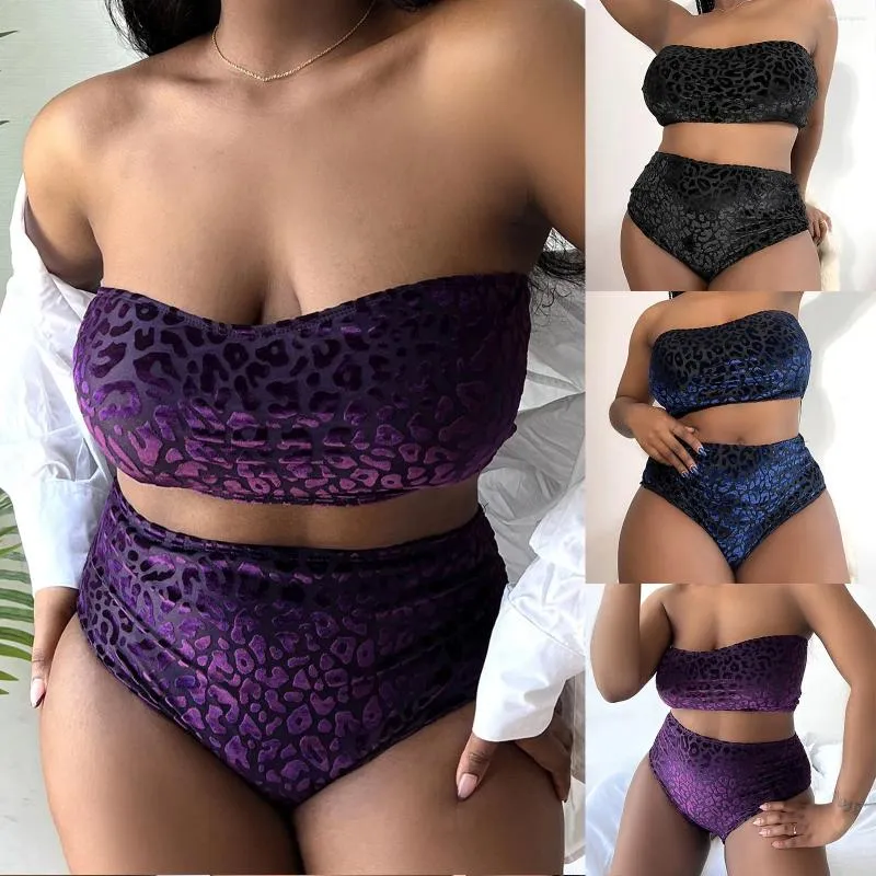 Zestaw bikinis w dziedzinie strojów kąpielowych 2024 Women Velvet Solid Lopard Bandeau High Taist Bikini Sets dla nastolatków