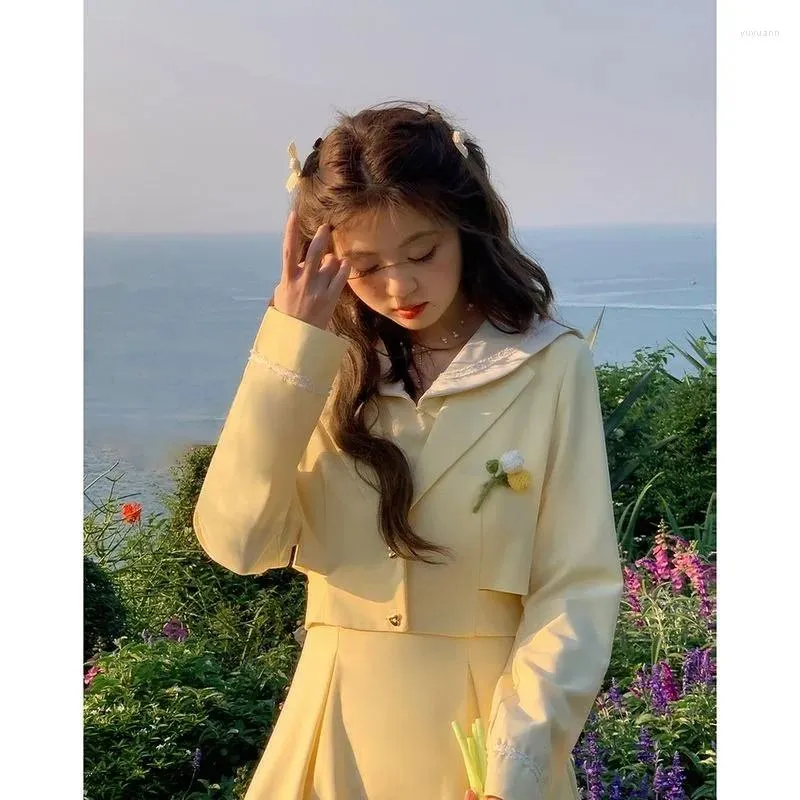 Vestidos de trabalho doce faculdade vestido plissado casaco de duas peças conjunto moda feminina bordado único breasted coreano suave primavera magro chique senhora