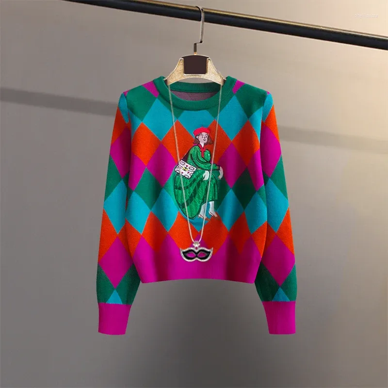 Swetery kobiet vintage haftowe cekiny kreskówkowe sweter kobiety kolorowe argyle dzianinowe pullover długie rękawy 2024 Spring