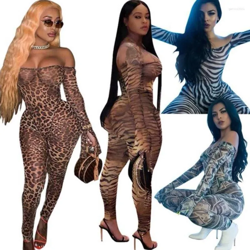 Women's Jumpsuits Women Jumpsuit Sexy Wrapped Chest Print Leopard Tiger Pattern Long Bell Sleeve Casual Tight One Shoulder