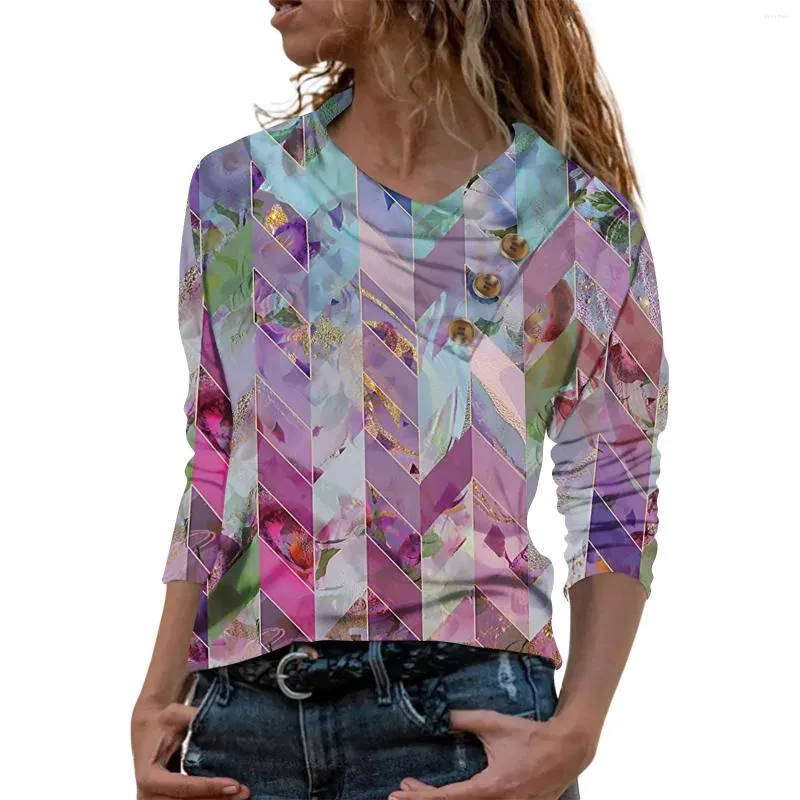 Damen-T-Shirts, 3D-geometrischer Druck für Frauen, 2024 Frühlings-Herbst-Mode-Knopf-Langarm-Shirt, lässiges T-Shirt, Tops, Büro-Damen