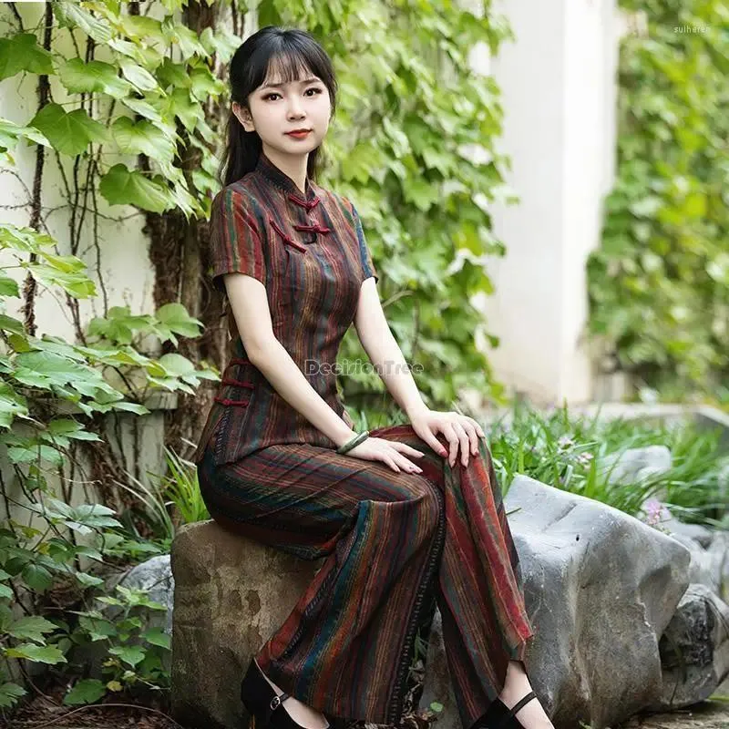 Этническая одежда 2024, повседневный комплект Cheongsam в китайском стиле в стиле ретро, женский летний топ с короткими рукавами, длинные брюки, винтажный комплект из двух предметов с принтом S228