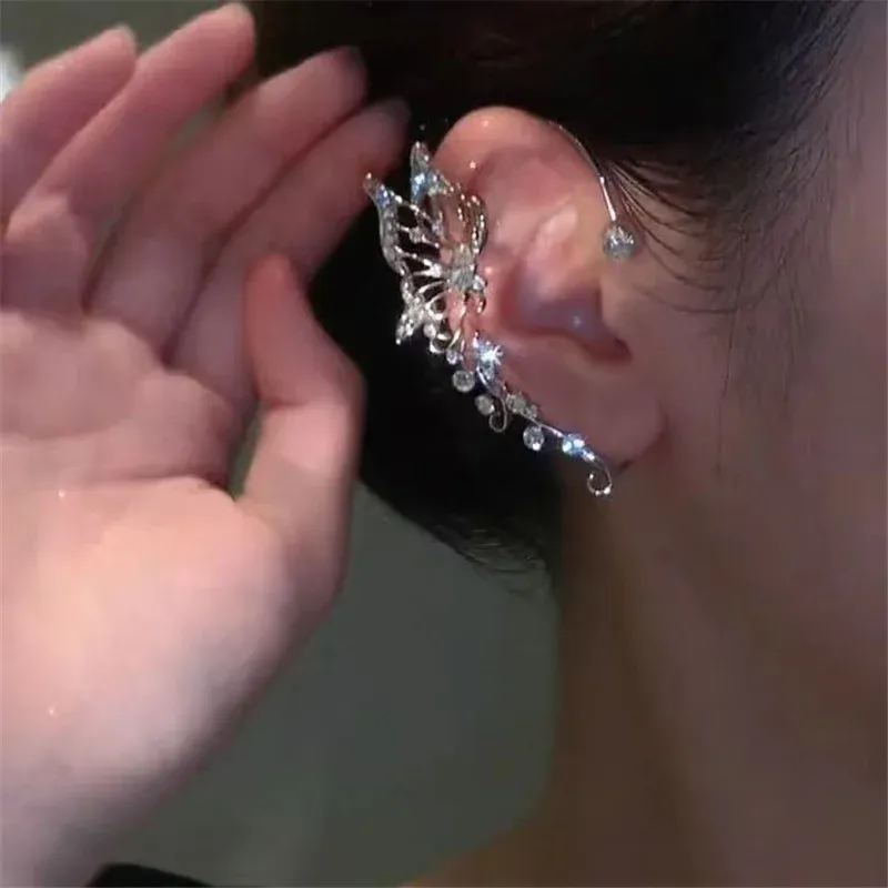 Koreaanse Mode Zirkoon Vlinder Elf Oor Manchet voor Vrouwen Fonkelende Zirkoon Kristal Zonder Piercing Clip Oorbellen Bruiloft Sieraden