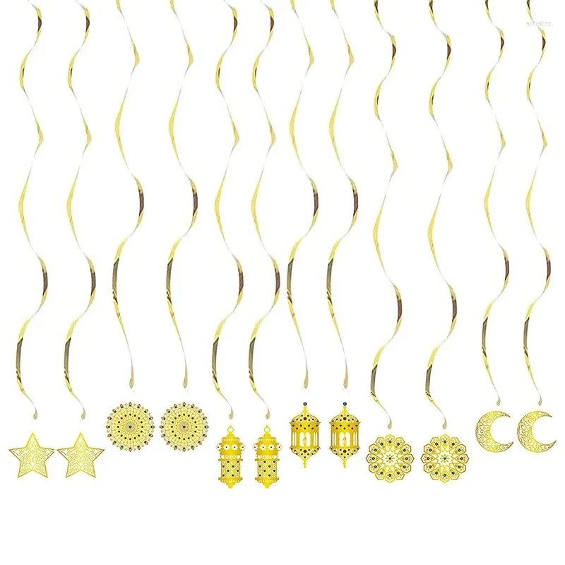 Party Decoration Ramadan Eid Mubarak Al-Adha Gold Hanging Swirls Decorations Moon Stars and Lantern Garland