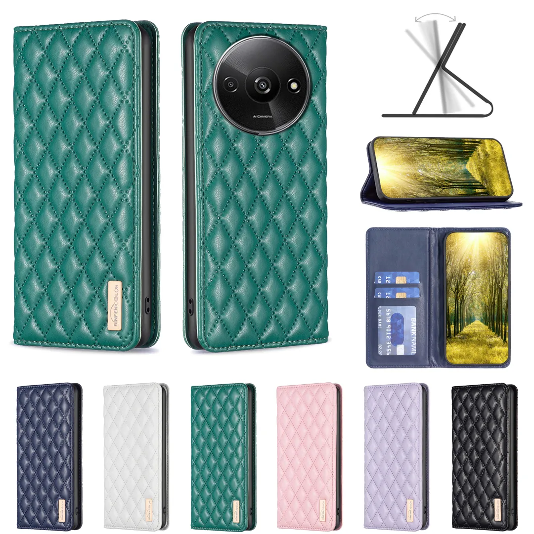 Fundas de teléfono para Xiaomi 14 13 Redmi A3 13C 13T Note 13 K70 K70E Pro Plus 4G 5G Grid Wallet Funda de cuero