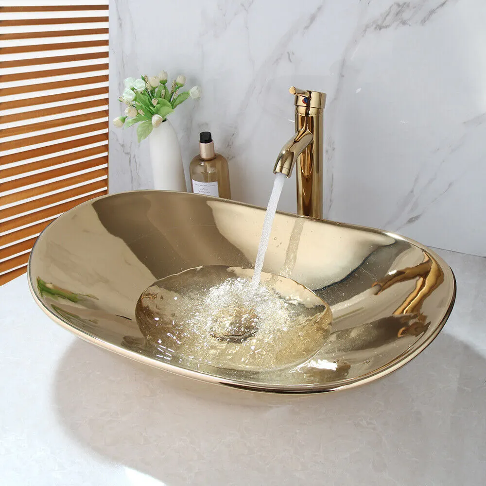 Gold Bathroom Oval Ceramic Vessel Sink Basin Bowl Mixer Faucet Drain Set