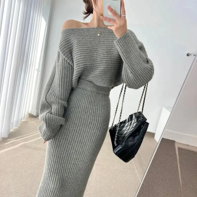 Work Dresses Korean Chic Autumn Winter Sweater Two Piece Set For Women Slash Neck Knitting Short Pullover High Waist Bodycon Long Skirt Suit