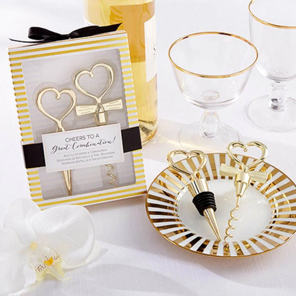 Bröllop gynnar vinflasköppnare hjärtformad nyhet bra kombination korkskruv stoppare eleganta hjärtuppsättningar gåva