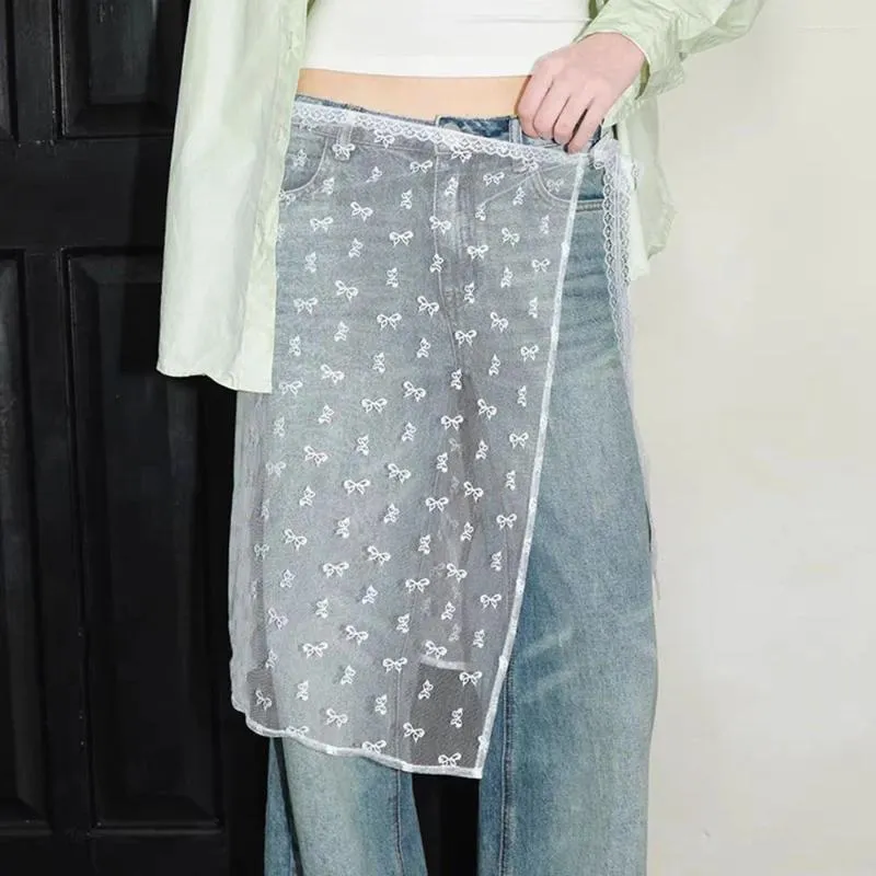 Skirts Korean Fashion Lace Layered Yarn Skirt Paired With Jeans Half Tied Up Matching Apron Y2K Mesh Pants
