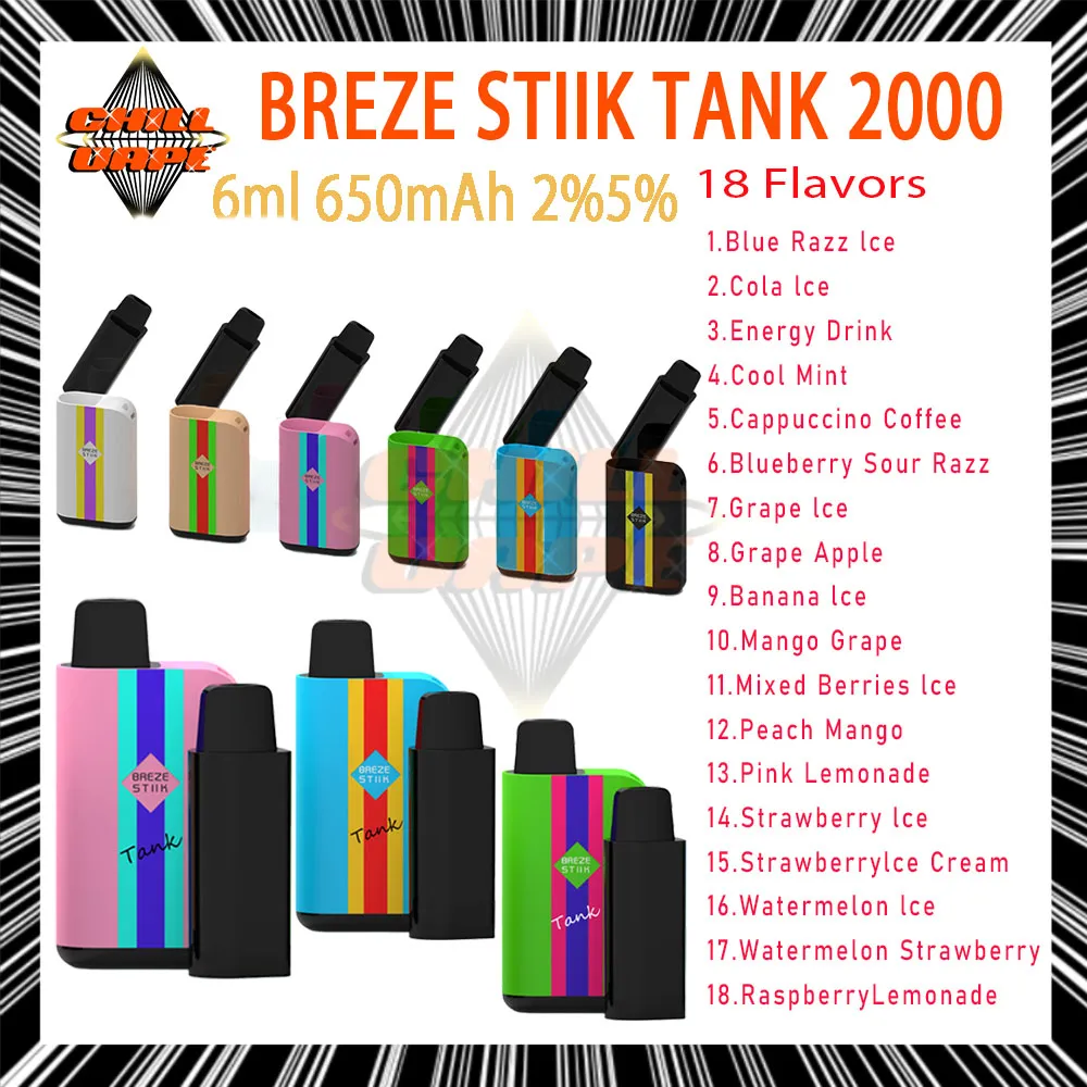 100% оригинальные сигареты Breze Stiik Tank 2000 Puffs 2% 5% одноразовые сигареты Vape Pen Сменный контейнер 6 мл 18 цветов 650 мАч Батарея Испаритель Устройство для испарения