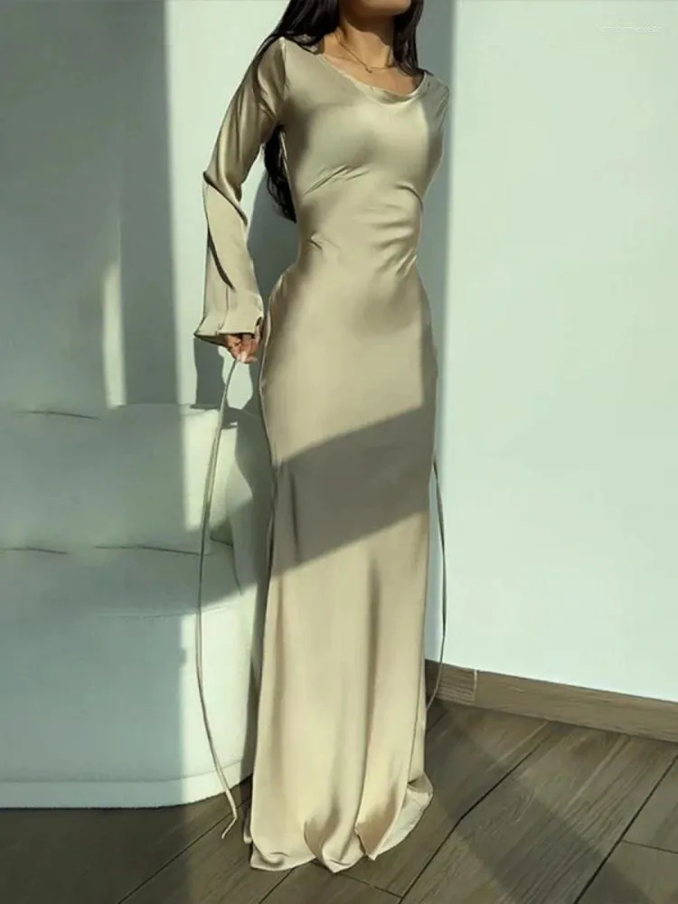 Flare Sleeve Satin Long Satin Dress - Simple, Casual, and Elegant for Evening Parties
