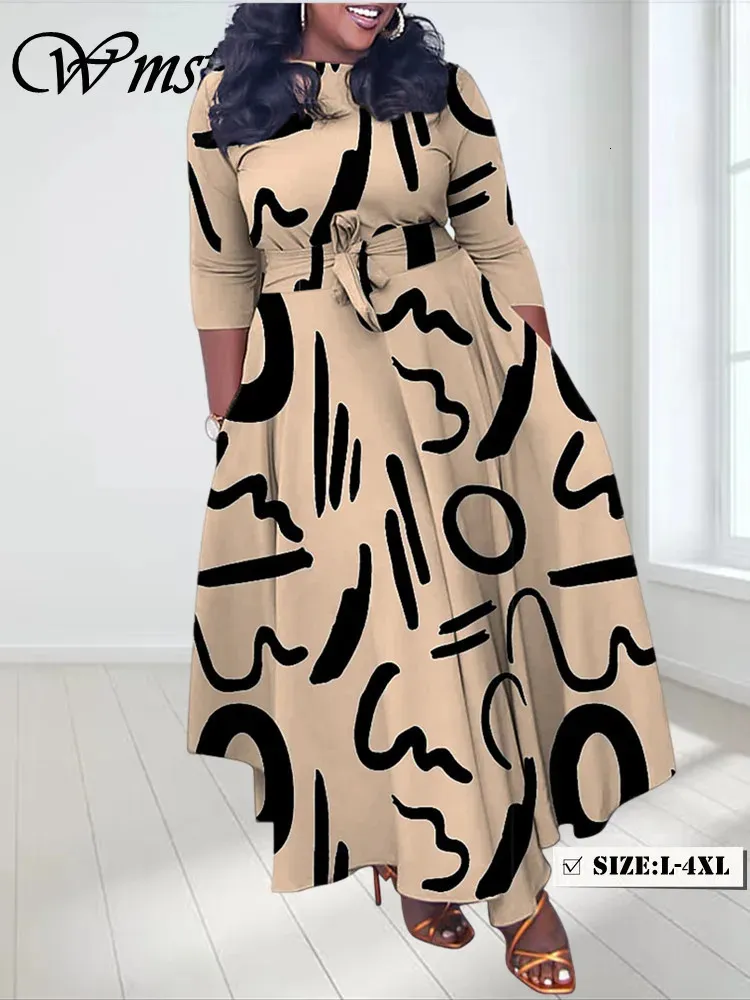 WMSTAR PLUS STORLEK KVINNA KLÄNNING Tryckt Fashion Maxi Dresses Långärmad stor Hem Fall Clothes grossist Drop With Bandage 240320