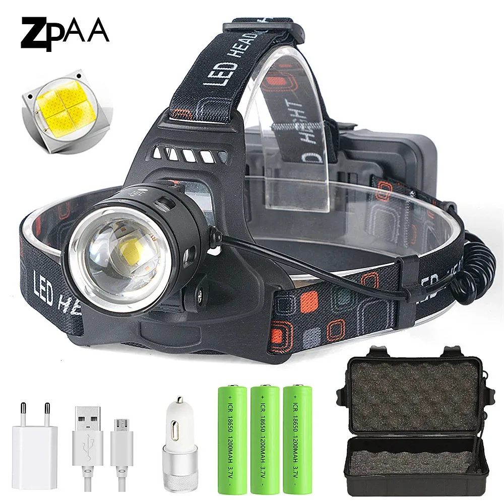 Kraftfull XHP702 XHP502 LED -strålkastare strålkastare zoomhuvudlampan ficklampa fackla 18650 batteri USB laddningsbart fiske lyktan 240306