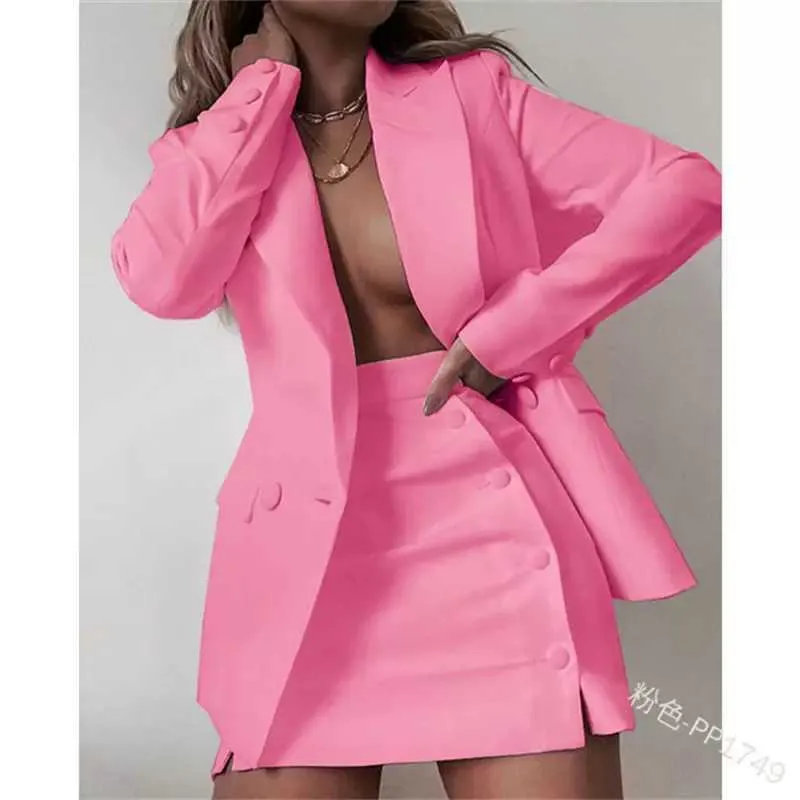 Mais recente feminino trabalho wear jaqueta 2 peças conjunto de negócios entrevista terno uniforme sólido blazer saia curta escritório