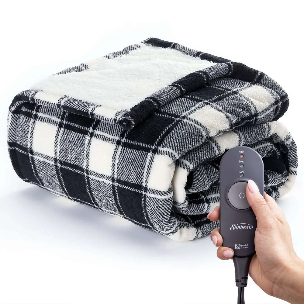 Couverture électrique chauffante Sunbeam, Sherpa confortable, damier de buffle noir, 50" X 60"