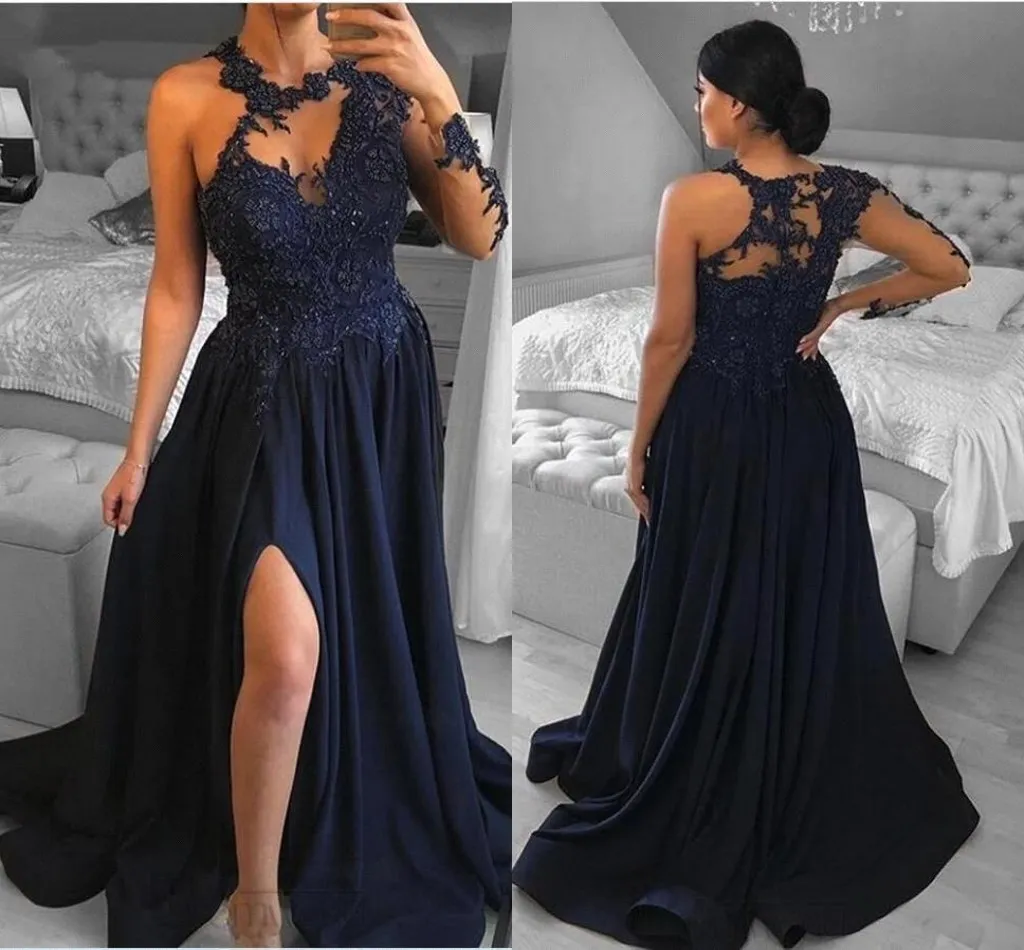 Elegant Navy Blue Lace Chiffon Evening Dresses With Front Split A Line Appliques Jewel Neck Sheer Long Sleeve Prom Gowns Bridesmaid Dresses BC12339