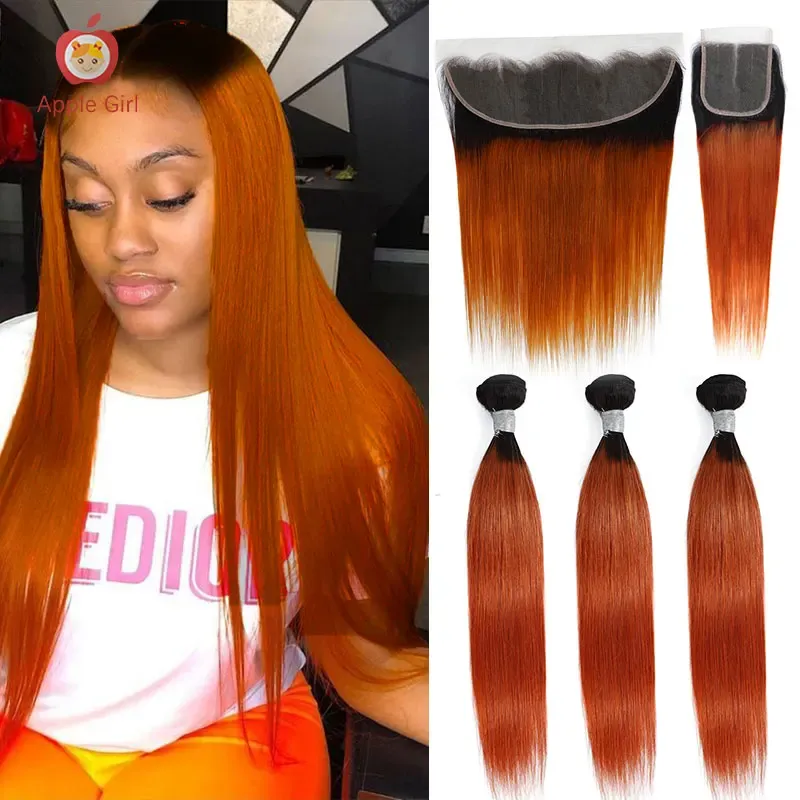 Pruiken Ombre 30 inch bundels met sluiting Recht Menselijk haar Verbrand oranje 2/3/4 bundels met frontaal Gekleurd Braziliaans Remy Applegirl