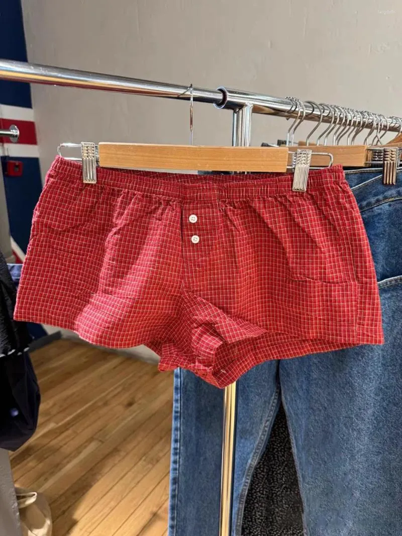 Damen-Shorts, rot, kariert, gerade, für Damen, Sommer, elastische Taille, Knöpfe, lässig, süße kurze Hose, Baumwolle, Y2K-Hose, Vintage-Hausunterwäsche