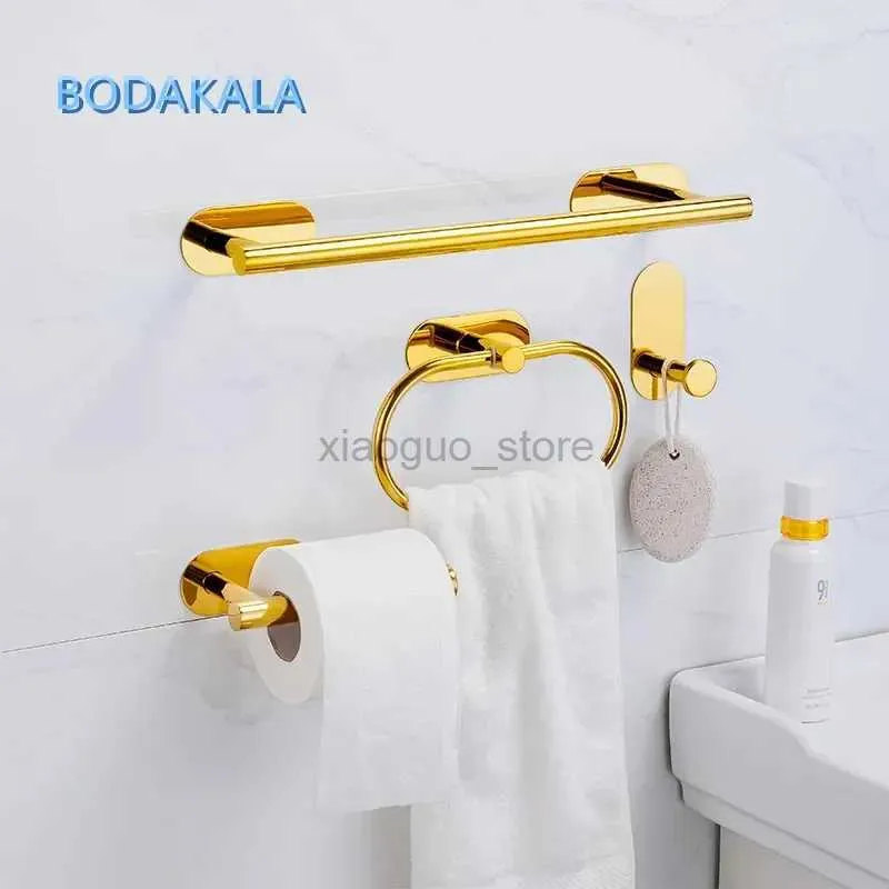 Anéis de toalha sem perfuração de aço inoxidável barra de toalha suporte de papel auto-adesivo anel de toalha robe gancho branco prata ouro acessórios do banheiro conjunto 240321