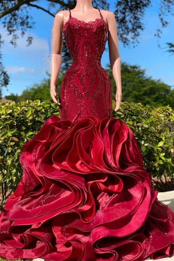 New Popular Burgundy Prom Dresses With Tiered Ruffle Sexy Mermaid Spaghetti Straps Appliques Beads Black Girls Graduation Evening Gowns BC18440