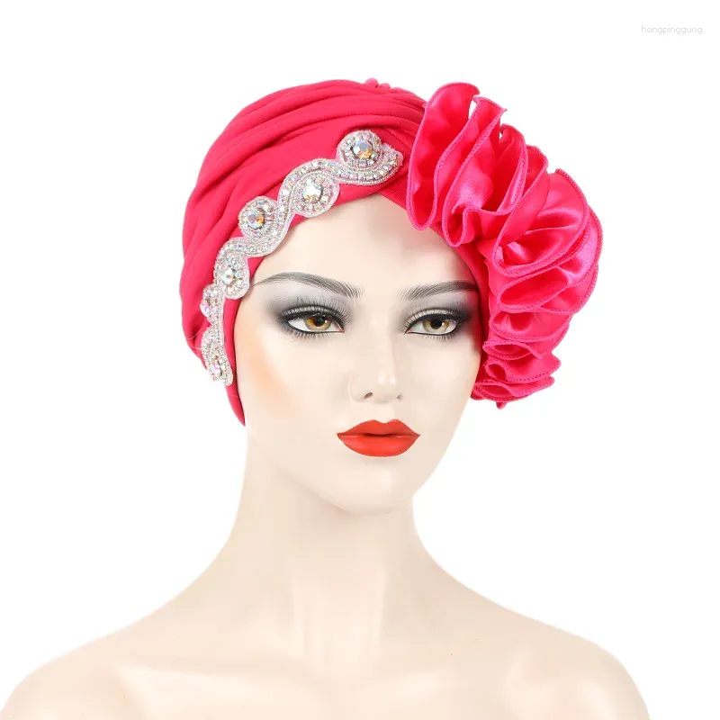 Ethnic Clothing Women's Wrap Head Beanies Muslim Headscarf Bonnet African Headtie Rhinestones Turban Hat With Side Satin Ruffles 2024