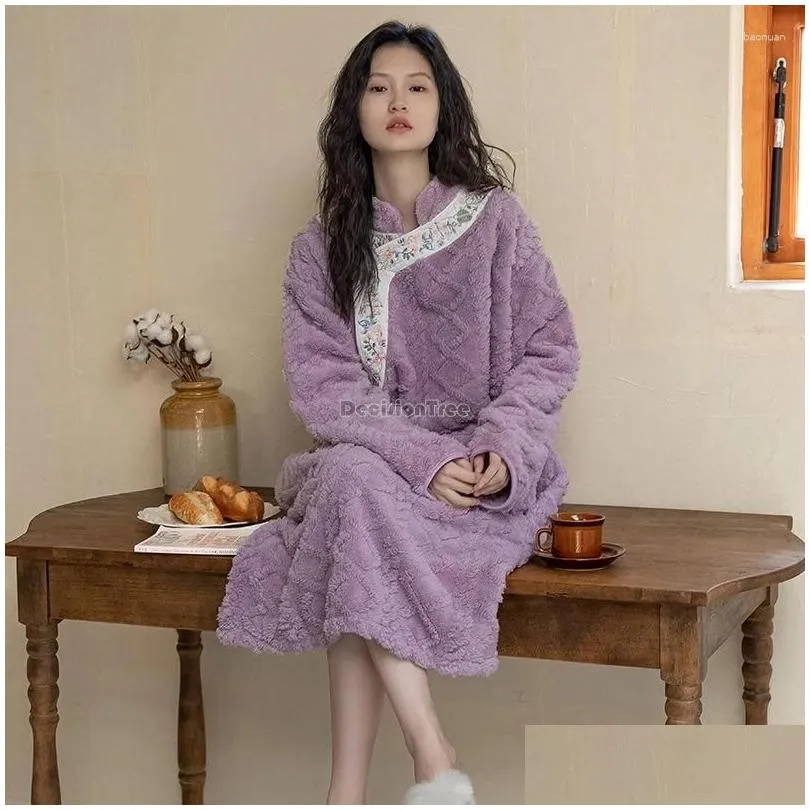 Этническая одежда 2024, пижамы в китайском национальном стиле с вышивкой, женские пижамы кораллового цвета, Veet, ночная рубашка с длинным рукавом, плотная, осенне-зимняя, свободная, Drop Otabv