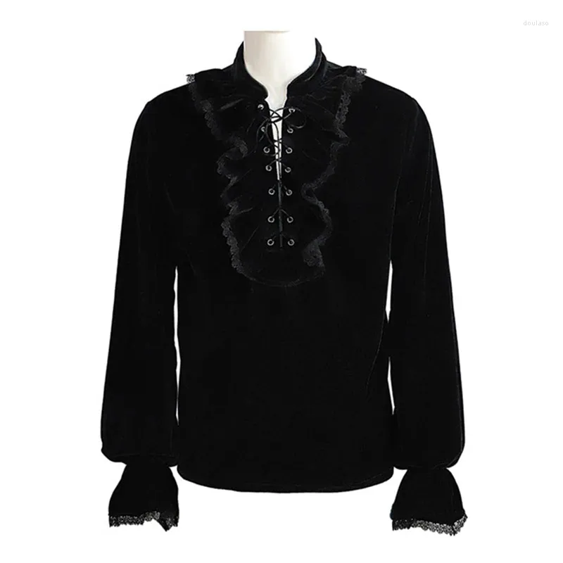 Camisas casuais masculinas Red Lace Up Ruffle Stand Collar Manga Longa Steampunk Pirata Cosplay Top Medieval Victorian Camisa Gótica Vintage Roupas