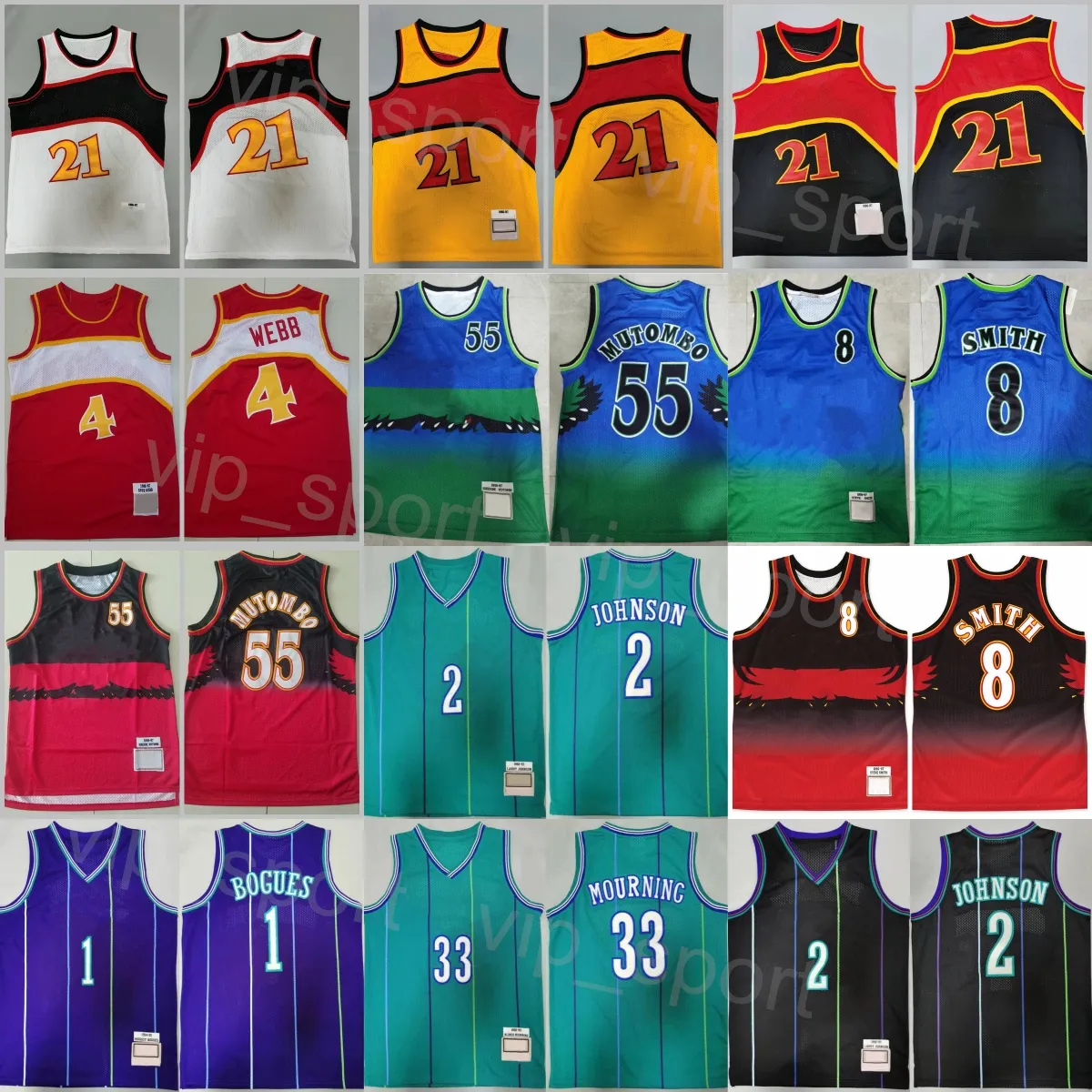 레트로 농구 Spud Webb Jerseys 4 Man Vintage Dikembe Mutombo 55 Steve Smith 8 Tyrone Muggsy Bogues 1 Larry Johnson 2 Alonzo Mourning 33 셔츠 후퇴 꿰매어