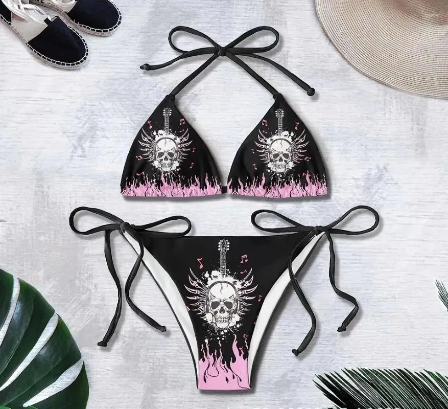 Women's Swimwear Sexy Gothic Emo Bikini Women Two-piece Skull Print Suit Split Bathing High Waist Swimsuit Strap Beach Wear