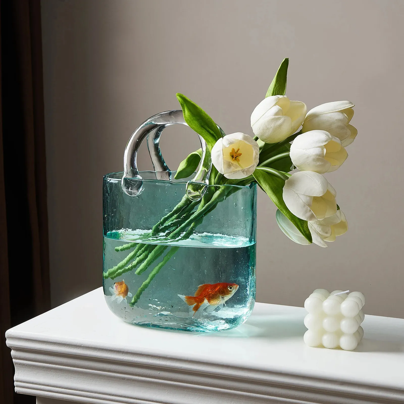 Florero de vidrio portátil, pecera creativa para peces dorados, hermosa decoración de escritorio para el hogar, decoración práctica para sala de estar 240314