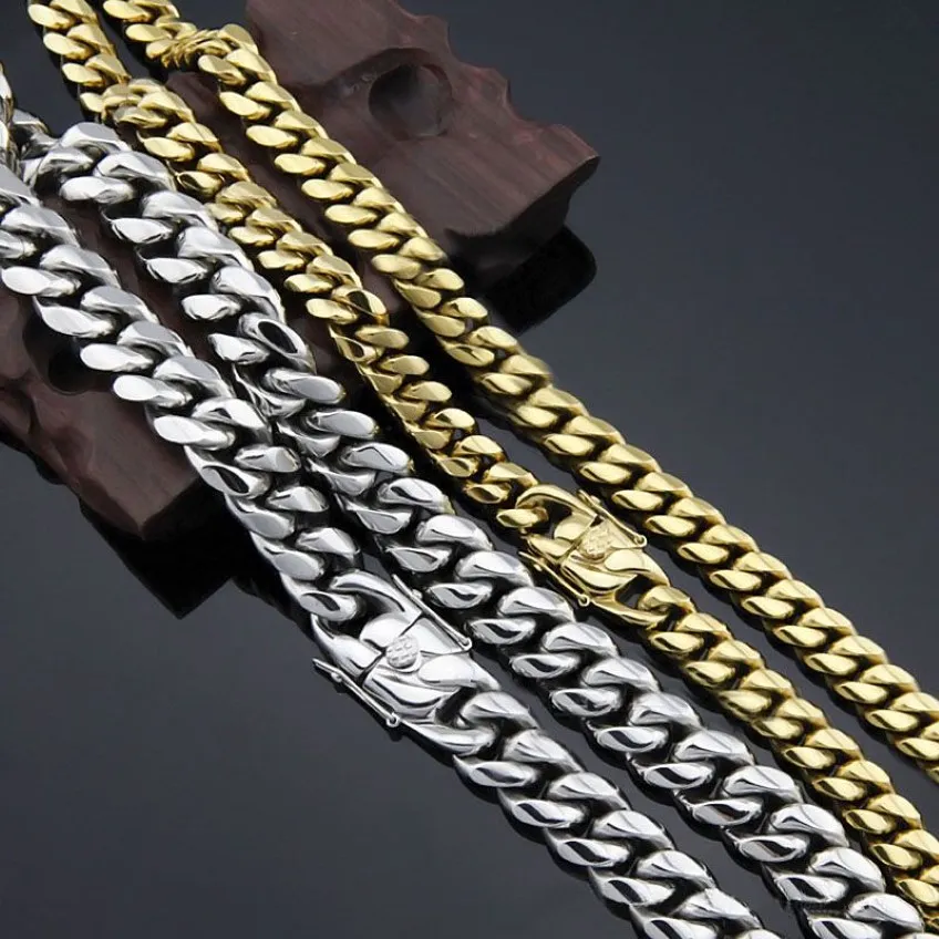 Real Gold Filled Men Cuban Chain Necklace Stainless Steel Jewelry High Polished Hip Hop Curb Link Double Safety Clasp 5 8 10 12 14239t