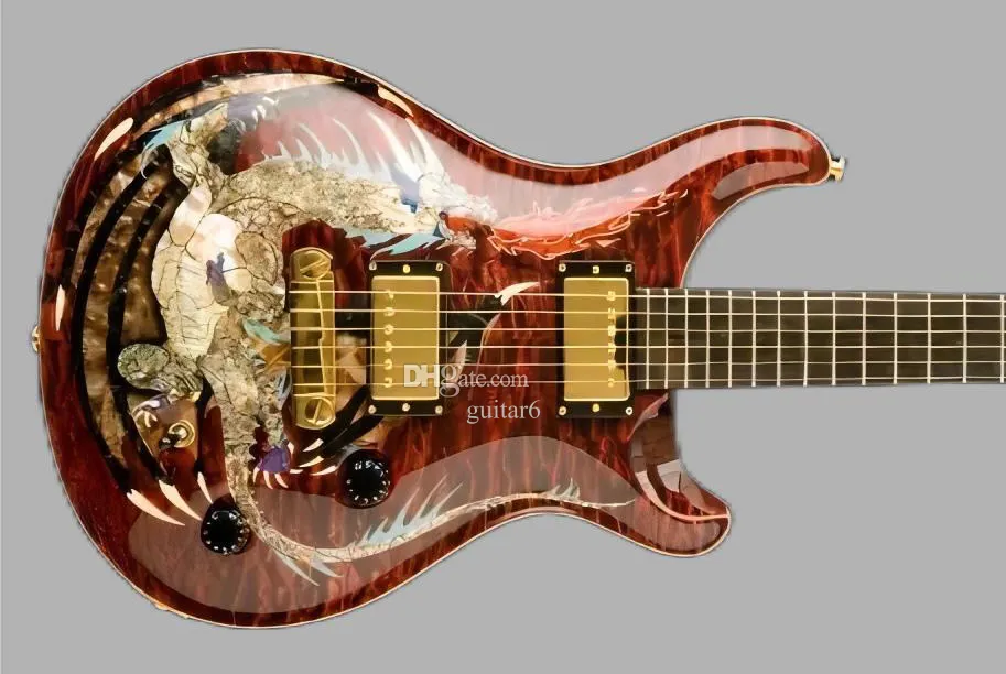 Dragon 2000 #30 Rosso Flame Maple Top Guitar elettrico senza tastiera, tremolo a doppio bloccaggio, rilegatura del corpo in legno