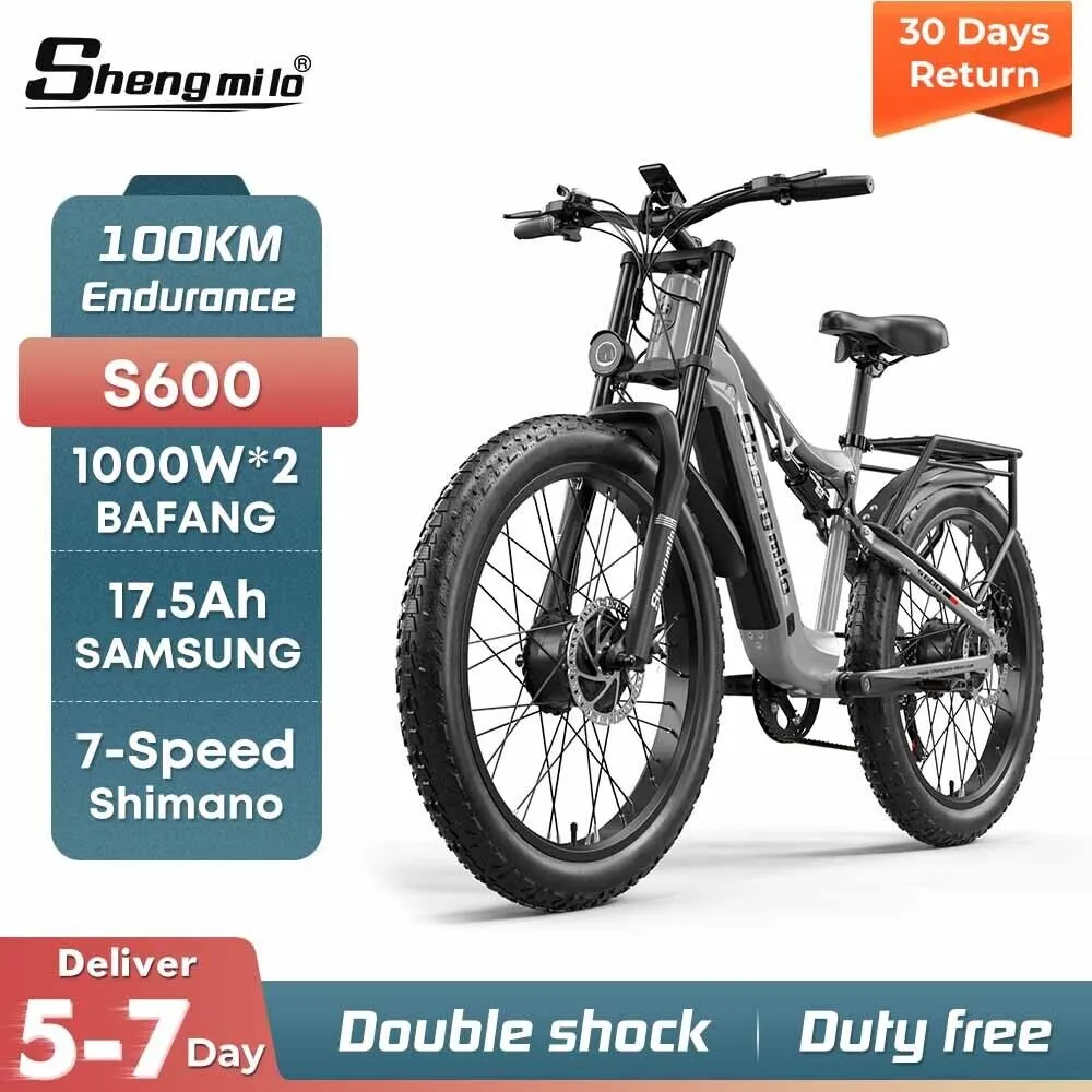 Shengmilo S600 26 Inch Electric Mountain Bike 2000W Dual Motor E-Bike Full Suspension Off-Road Fat Tyre Bicycle 840WH City Commuter Bikes E-MTB Moped