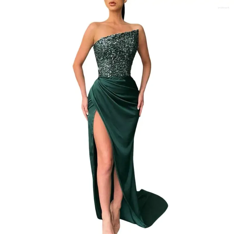 Robes décontractées Robe brillante paillettes oblique bandeau sans col épaule haute fente ourlet coupe ajustée longueur de plancher robe de bal fête de mariage