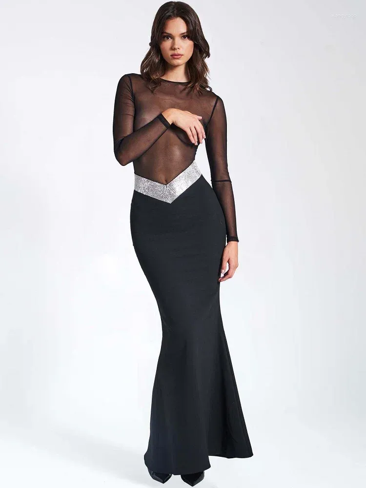Casual Dresses Luxury Sexy See-through Long Sleeve Black Gauze Patchwork Bandage Dress Fashion Beading Slim Wrapping Hip