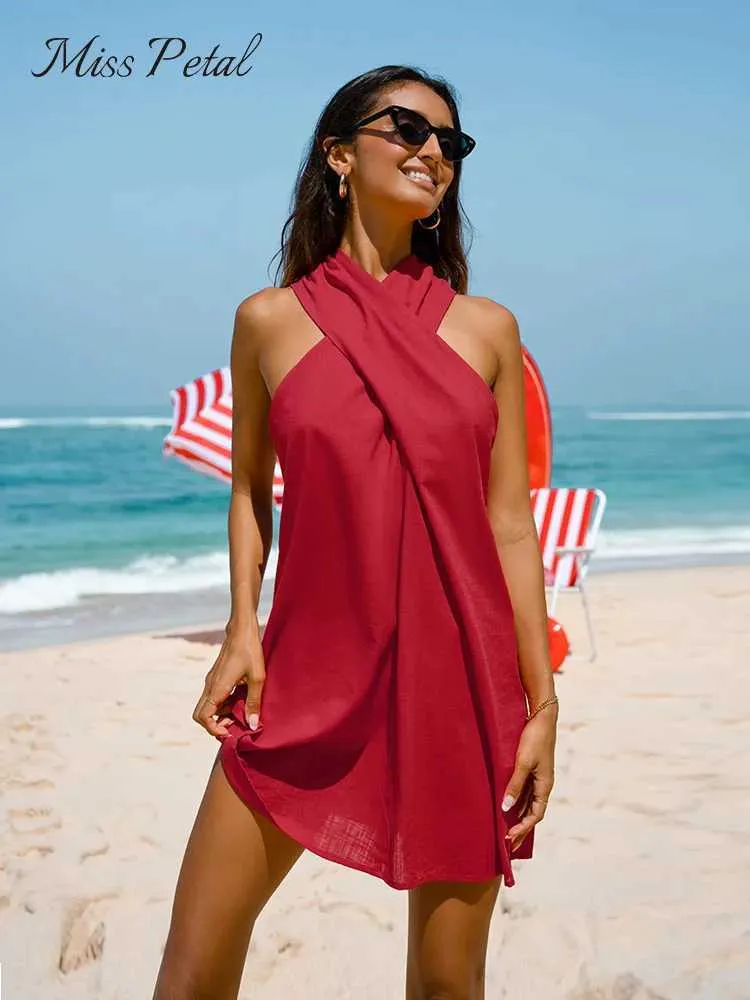 Grundlegende Freizeitkleider Baumwolle Crisscross Neckholder Minikleid für Frauen Sexy Sleless Urlaub Strand A-Linie Kleid 2023 Sommer Fe SundressC24315