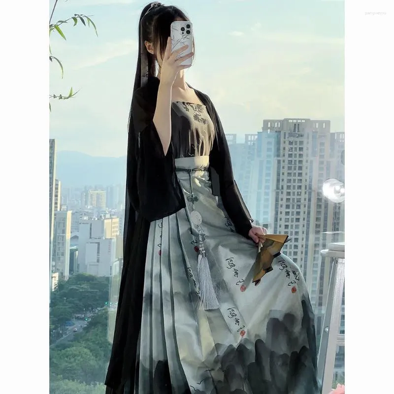 Ethnic Clothing Han Ting Ji Mi Qing Shan Original Hanfu Female Ming Made Horse Face Skirt Long Shirt Chinese Daily Style