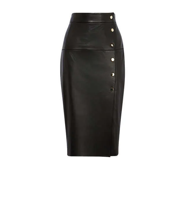 Casual Black Leather Skirts for Ladies High Waist Knee Length Skirt Women Genuine Sheep Pencil