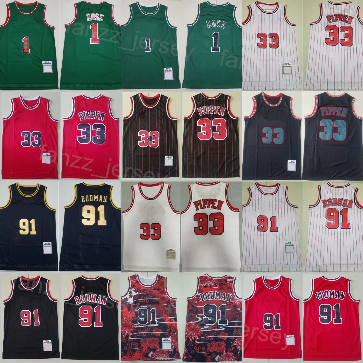 Throwback Basketball Retro Derrick Rose Jerseys 1 Vintage Scottie Pippen 33 Dennis Rodman 91 Team Rouge bleu Blanc Noir Vert pour les fans de sport cousus sur des vêtements de sport pour hommes