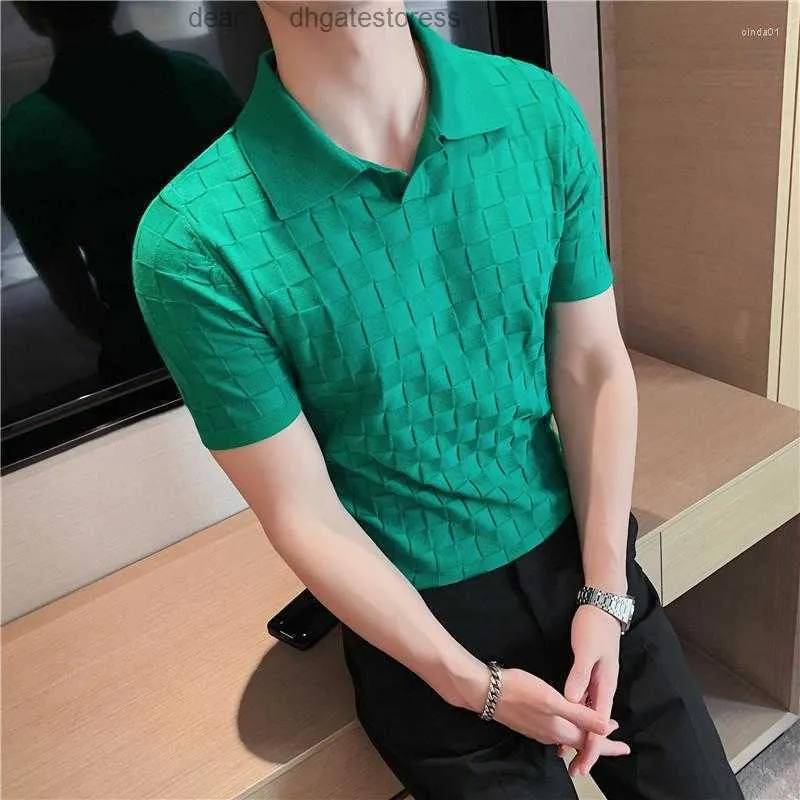 Mens T Shirts Black/Gray/Green Summer Fashion Sexy Plaid Polo For Men Clothing Stretched Slim Fit Casual Short Sleeve Homme