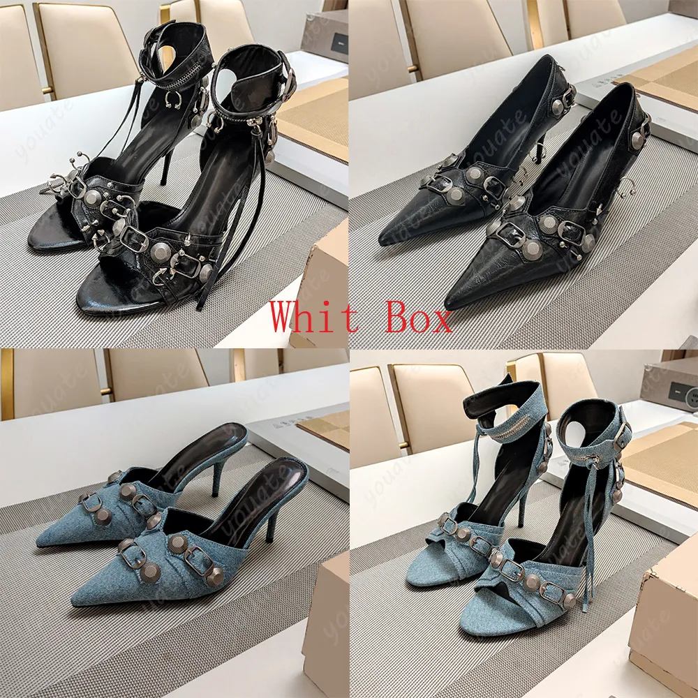 Yeni Kadın Slingbacks Pompalar Tasarımcı Ayakkabı 9cm Topuklu Sandal Mavi Denim Tuval Vintage Slaytlar Terlik Motosiklet Ayakkabıları Düz ​​Mule Noktalı Ayak Ayak Parçası Etkisi 2024 Kutu