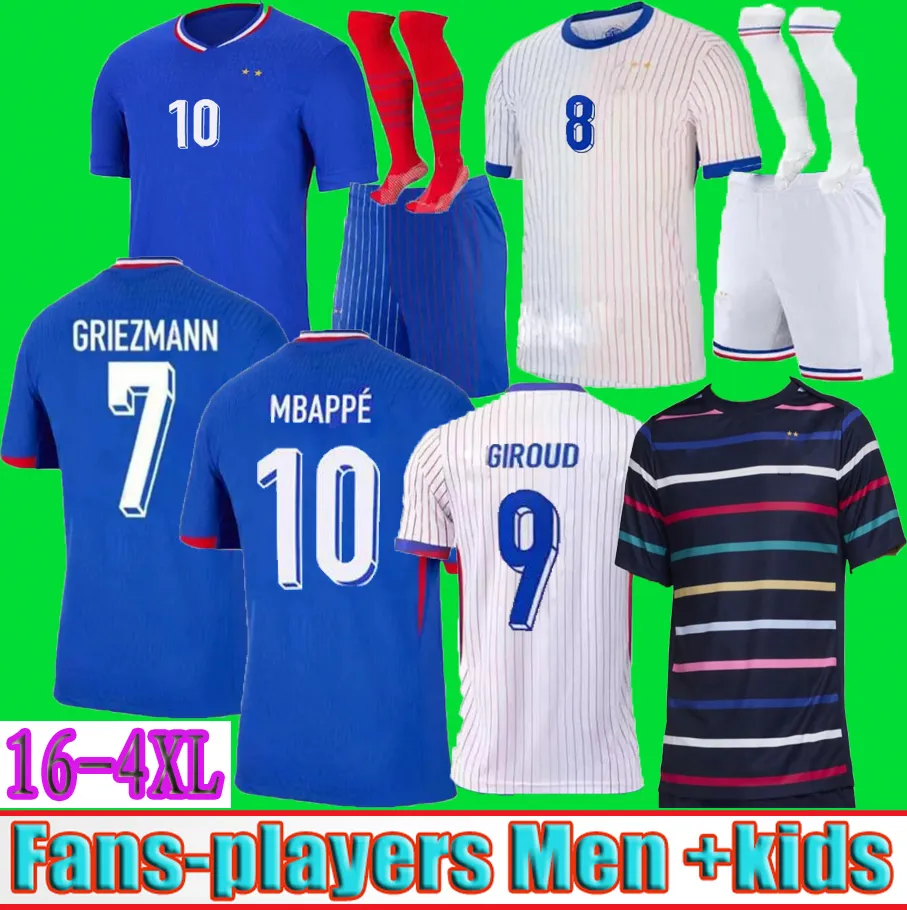 ファンプレーヤーフランシスベンゼマサッカージャージフランスのMbappe Griezmann Pogba Giroud Tchouameni Home Away 2024 2025 Francia Football Shirts Men Kids Women