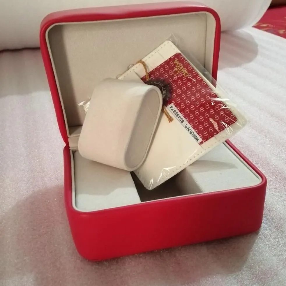 Nouveau carré rouge pour Om ega boîtes montre livret étiquettes de cartes et papiers en anglais montres boîte originale intérieure extérieure hommes montre-bracelet 263C